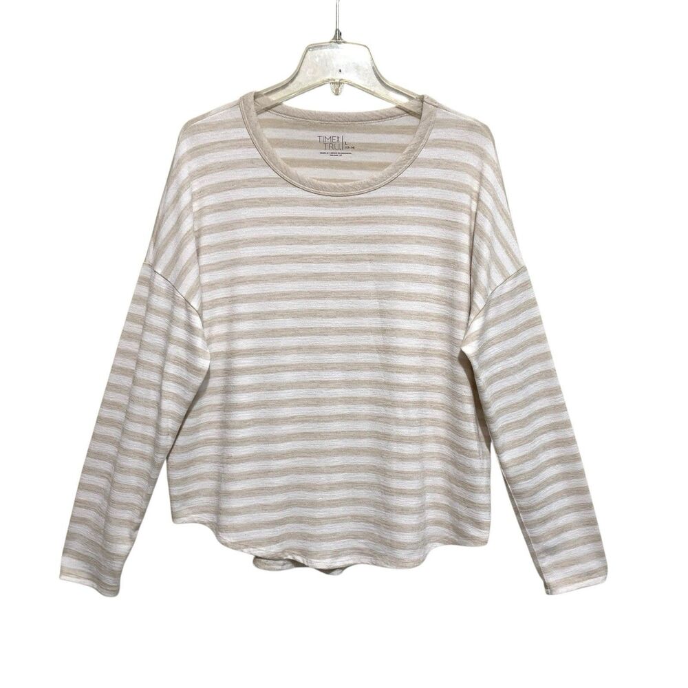 3/$30 Time and Tru Top Womens Large Tan White Stripes Long Sleeve Knit Shirt